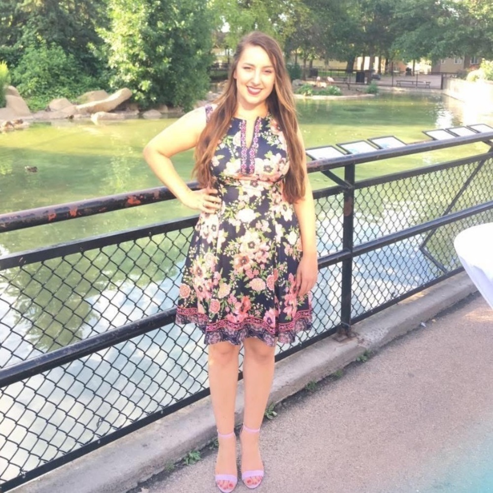 Liz Claiborne Navy Blue and Pink Floral Bohemian Midi Dress, Wedding Guest - Picture 7 of 7